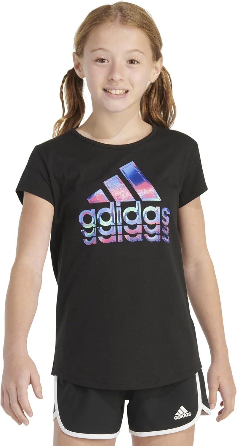 imageadidas Girls Short Sleeve Cotton Essential TShirt TopBlack Multi