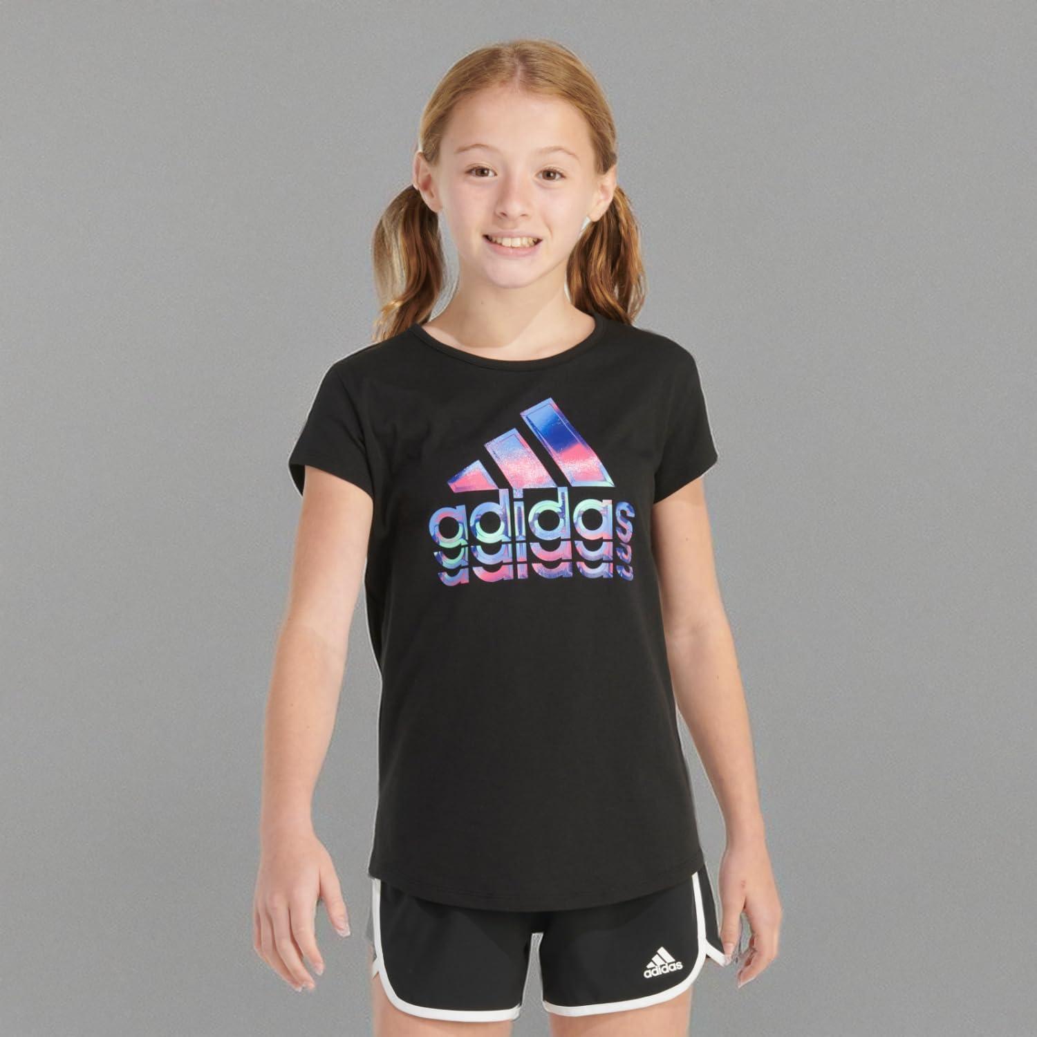 imageadidas Girls Short Sleeve Cotton Essential TShirt TopBlack Multi