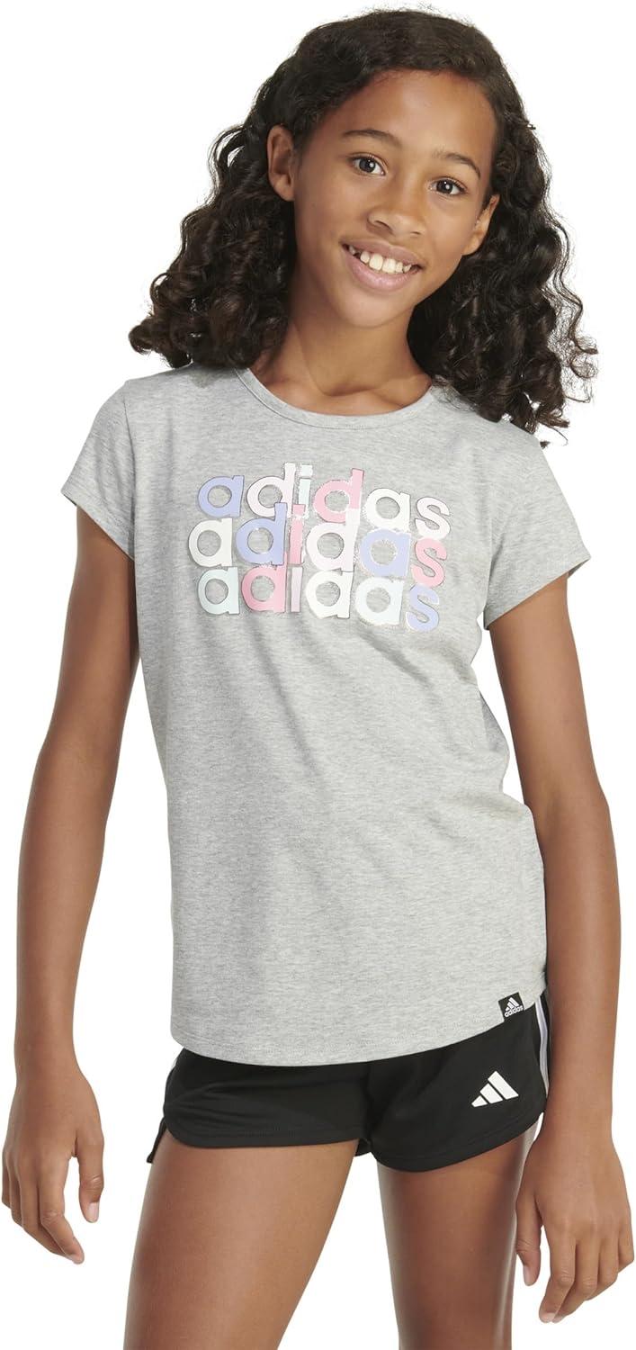 imageadidas Girls Short Sleeve Cotton Essential TShirt TopGrey Heather Pink Multi