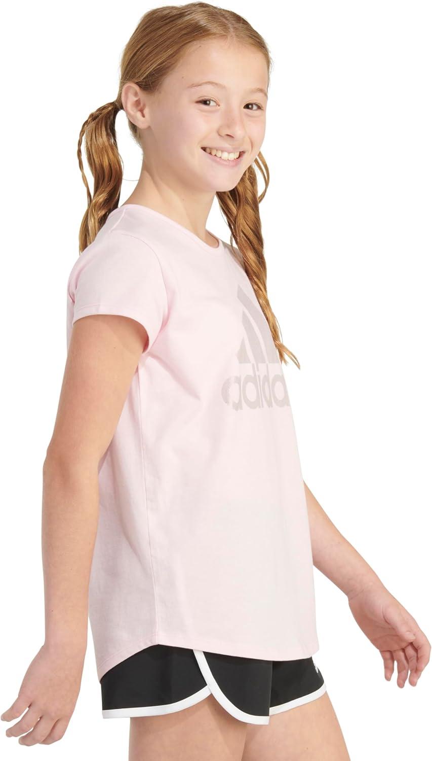 imageadidas Girls Short Sleeve Cotton Essential TShirt TopPink Sparkle