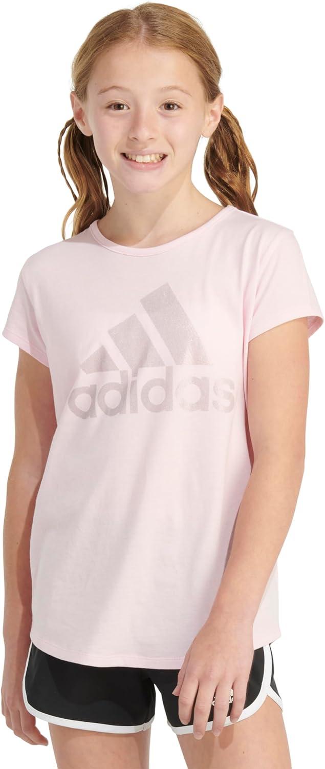 imageadidas Girls Short Sleeve Cotton Essential TShirt TopPink Sparkle