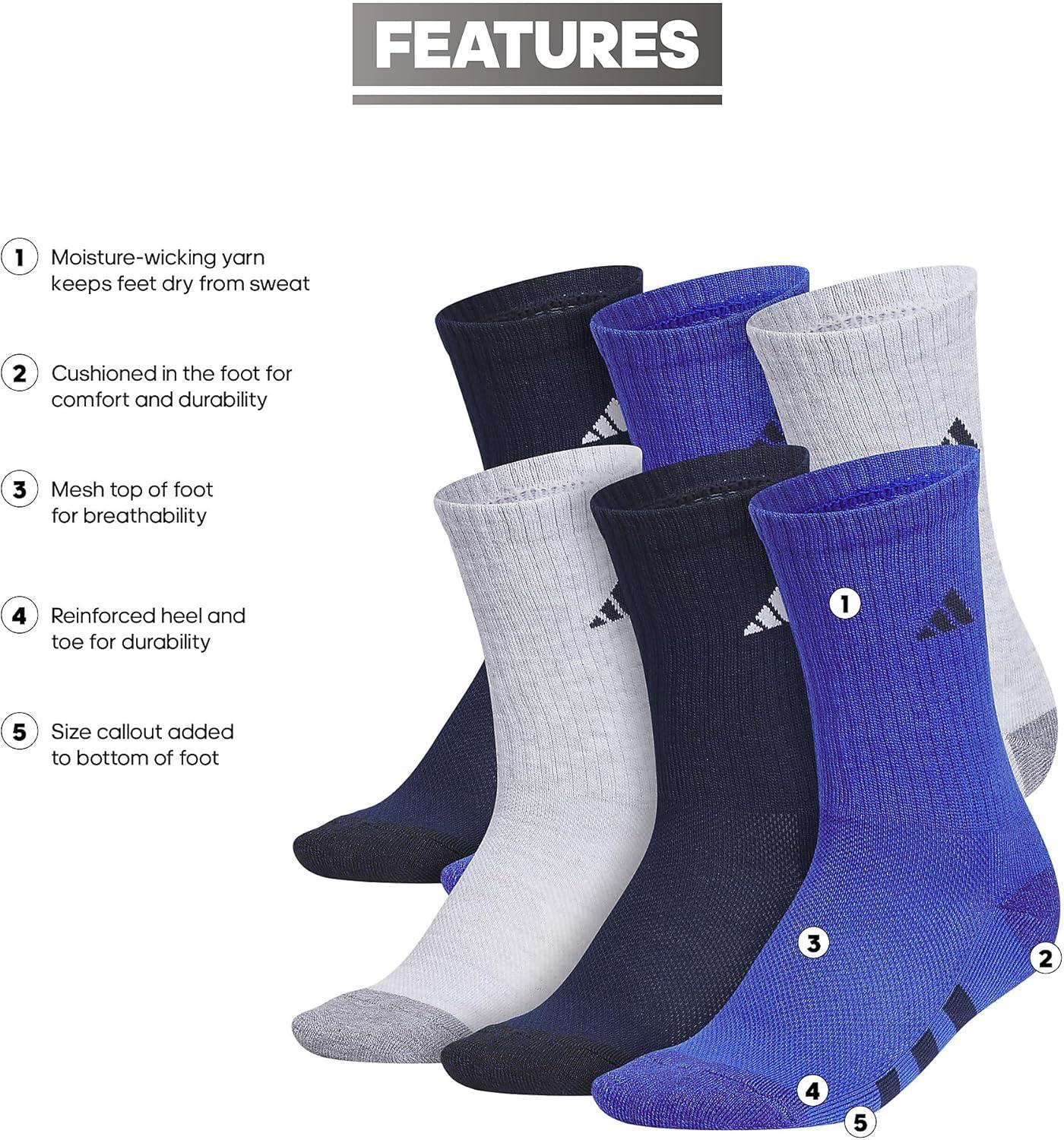 imageadidas Unisex Youth Athletic Cushioned 6Pack Crew Socks Kids for Sports Durable ampamp BreathableCool Light HeatherCollegiate NavySemi Lucid Blue