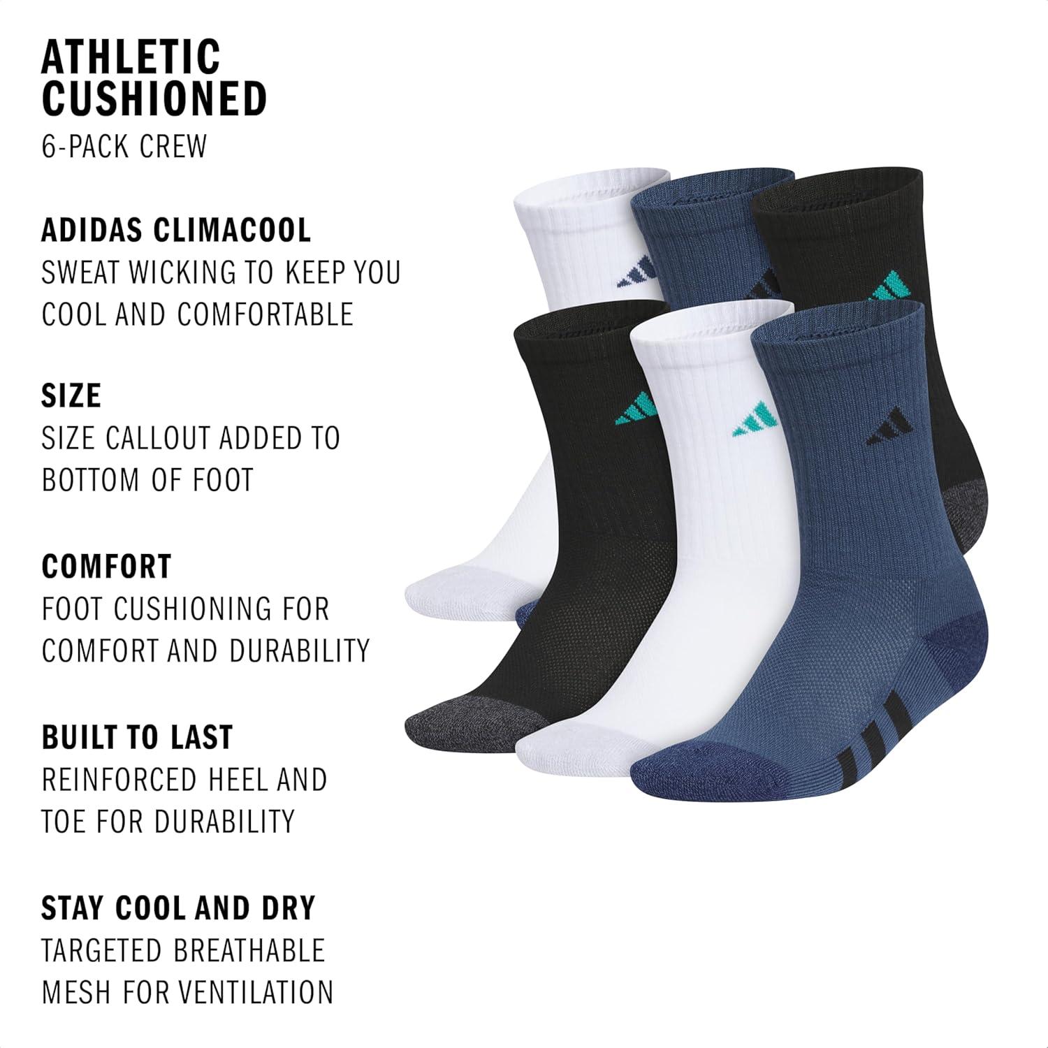 imageadidas Unisex Youth Athletic Cushioned 6Pack Crew Socks Kids for Sports Durable ampamp BreathableWhitePure Teal GreenMineral Blue
