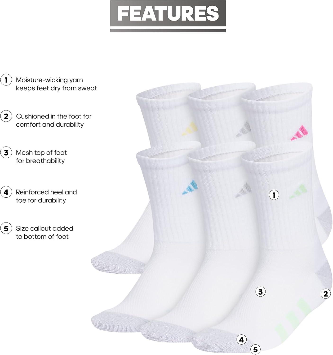 imageadidas Unisex Youth Athletic Cushioned 6Pack Crew Socks Kids for Sports Durable ampamp BreathableWhiteWhiteclear Onix GreyPulse Magenta PinkGirls