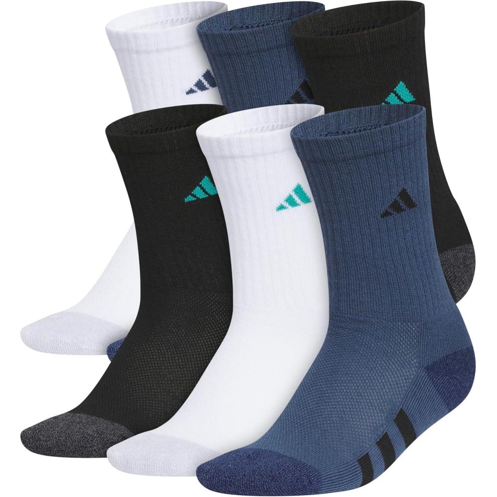imageadidas Unisex Youth Athletic Cushioned 6Pack Crew Socks Kids for Sports Durable ampamp BreathableWhitePure Teal GreenMineral Blue