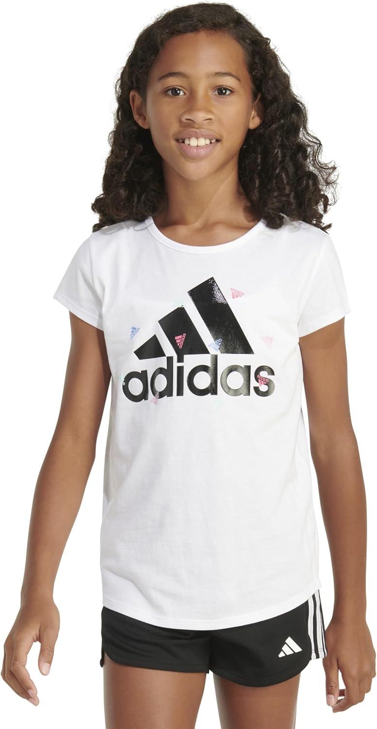 imageadidas Girls Short Sleeve Cotton Essential TShirt TopWhite Confetti
