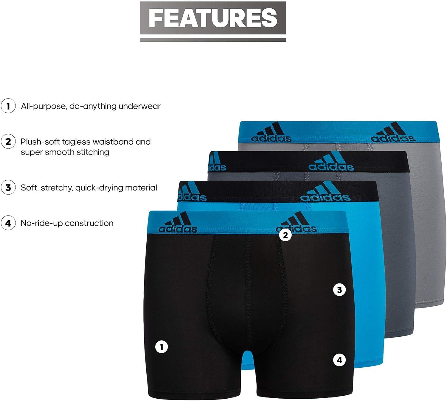 imageadidas boys Youth Performance 4pack Boxer Brief Kids Underwear Boys Athletic Fit Microfiber Boxer BriefsSolar BlueBlackGrey