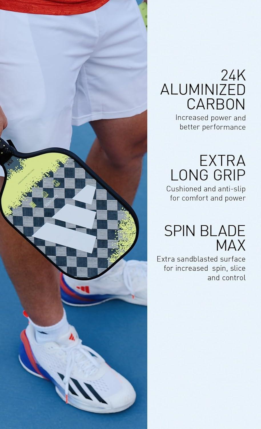 imageAdidas Adipower Pickleball Paddle 24k Aluminized Carbon3k Carbon SurfaceClassic Multilayer ConstructionHD Polypropylene Honeycomb CoreFeaturing SpinbladeUSAPA Approved2023 Adipower ATTK Lime