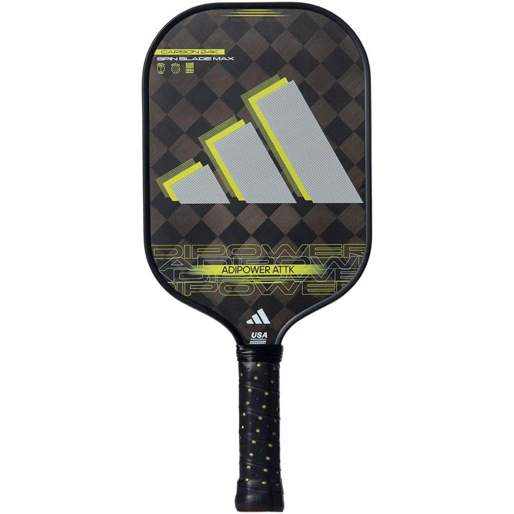imageAdidas Adipower Pickleball Paddle 24k Aluminized Carbon3k Carbon SurfaceClassic Multilayer ConstructionHD Polypropylene Honeycomb CoreFeaturing SpinbladeUSAPA Approved2024 Adipower ATTK BlackYellow