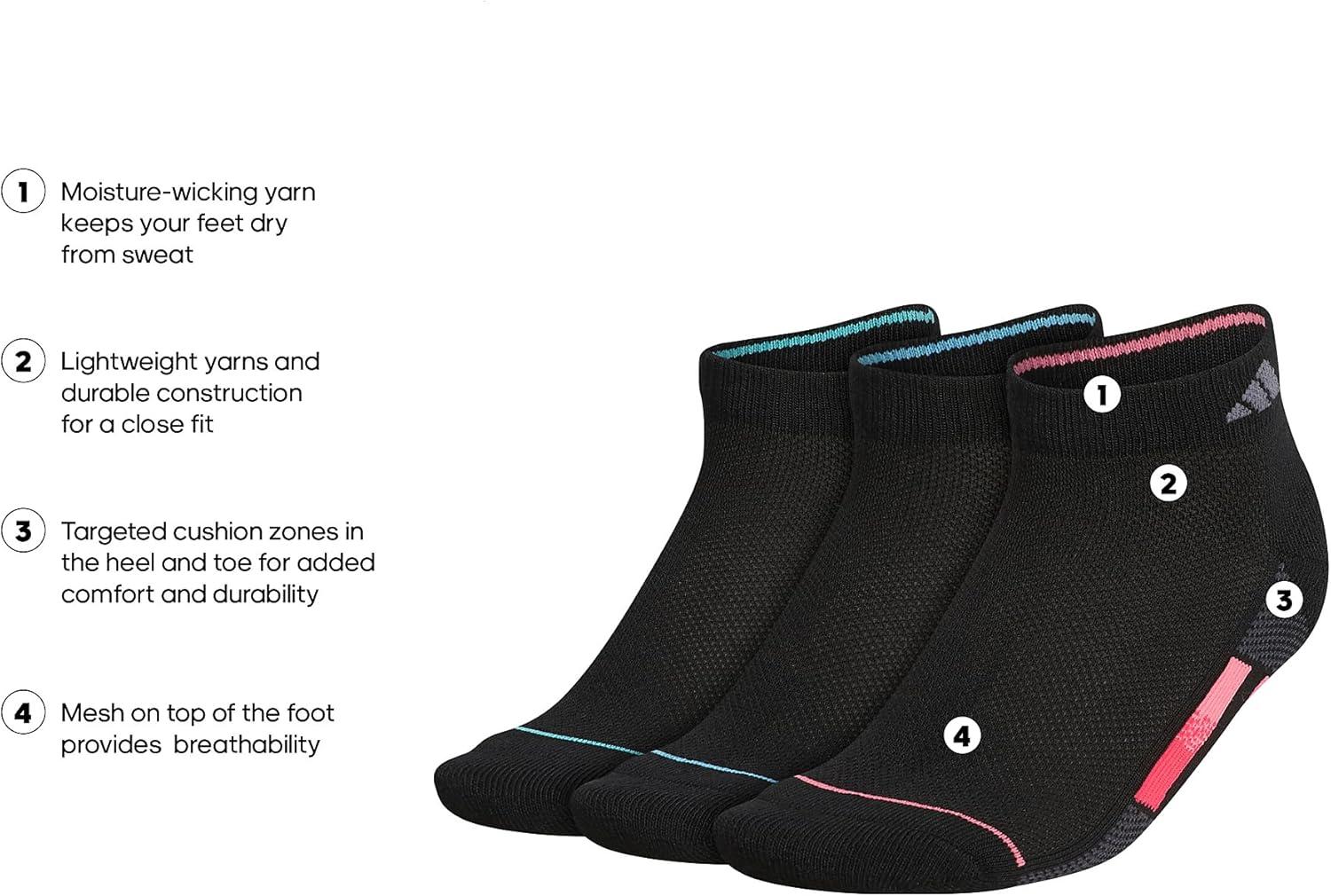 imageadidas Womens Superlite Stripe 30 Low Cut Socks 3Pair Athletic Fit with Arch CompressionBlackSemi Turbo PinkSemi Mint Rush Green