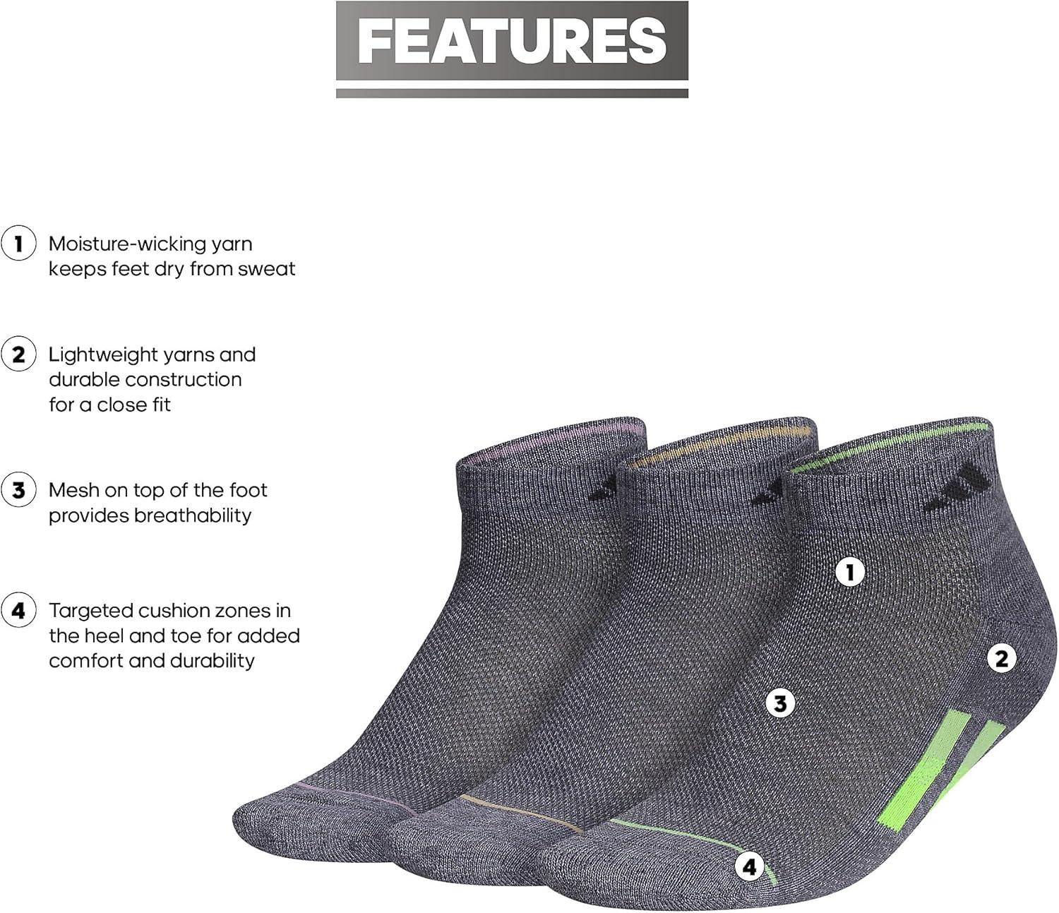 imageadidas Womens Superlite Stripe 30 Low Cut Socks 3Pair Athletic Fit with Arch CompressionHeather GreyGreen SparkOrange Tint