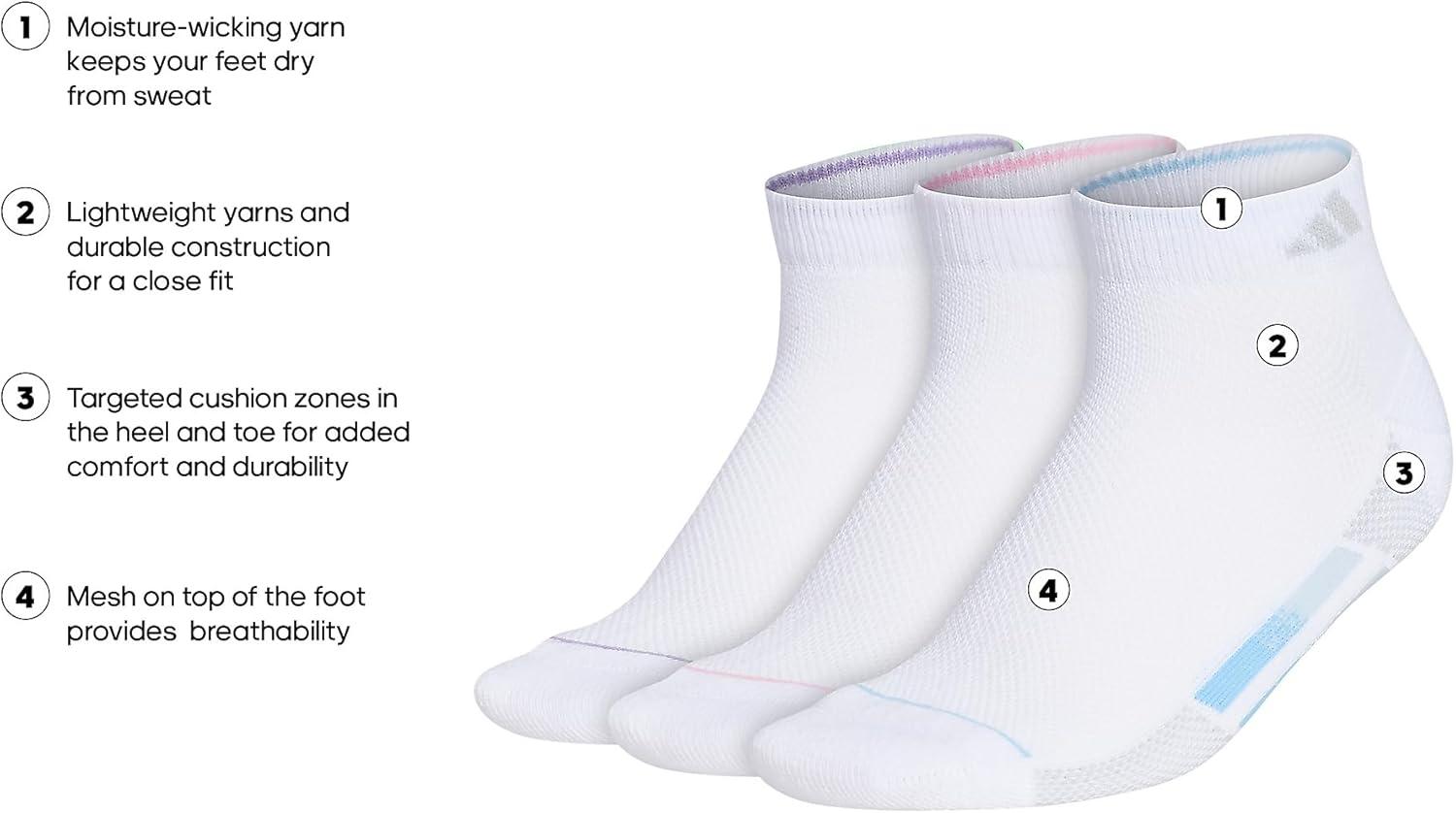imageadidas Womens Superlite Stripe 30 Low Cut Socks 3Pair Athletic Fit with Arch CompressionWhiteClear BlueMagic Lilac Purple