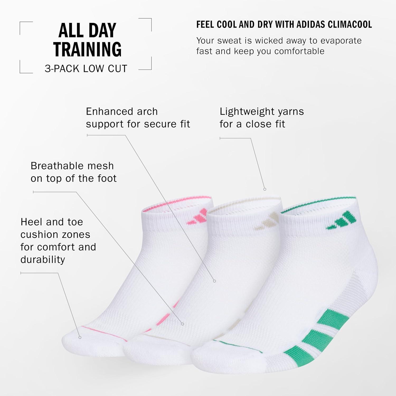 imageadidas Womens All Day Training Low Cut Socks 3Pair athletic performance with targeted cushion for runningWhitePink FusionWonder Alumina Grey