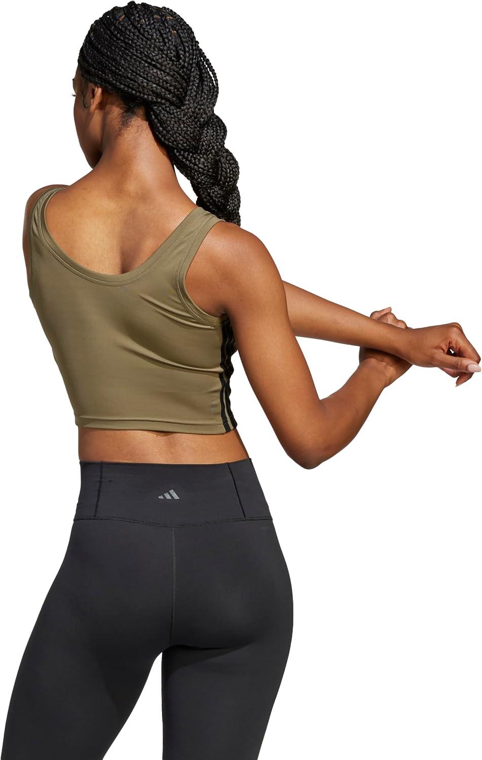 imageadidas Womens Train Essentials 3Stripes Cropped Tank TopOlive StrataBlack