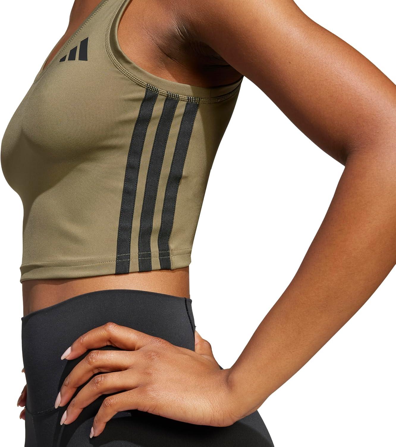 imageadidas Womens Train Essentials 3Stripes Cropped Tank TopOlive StrataBlack