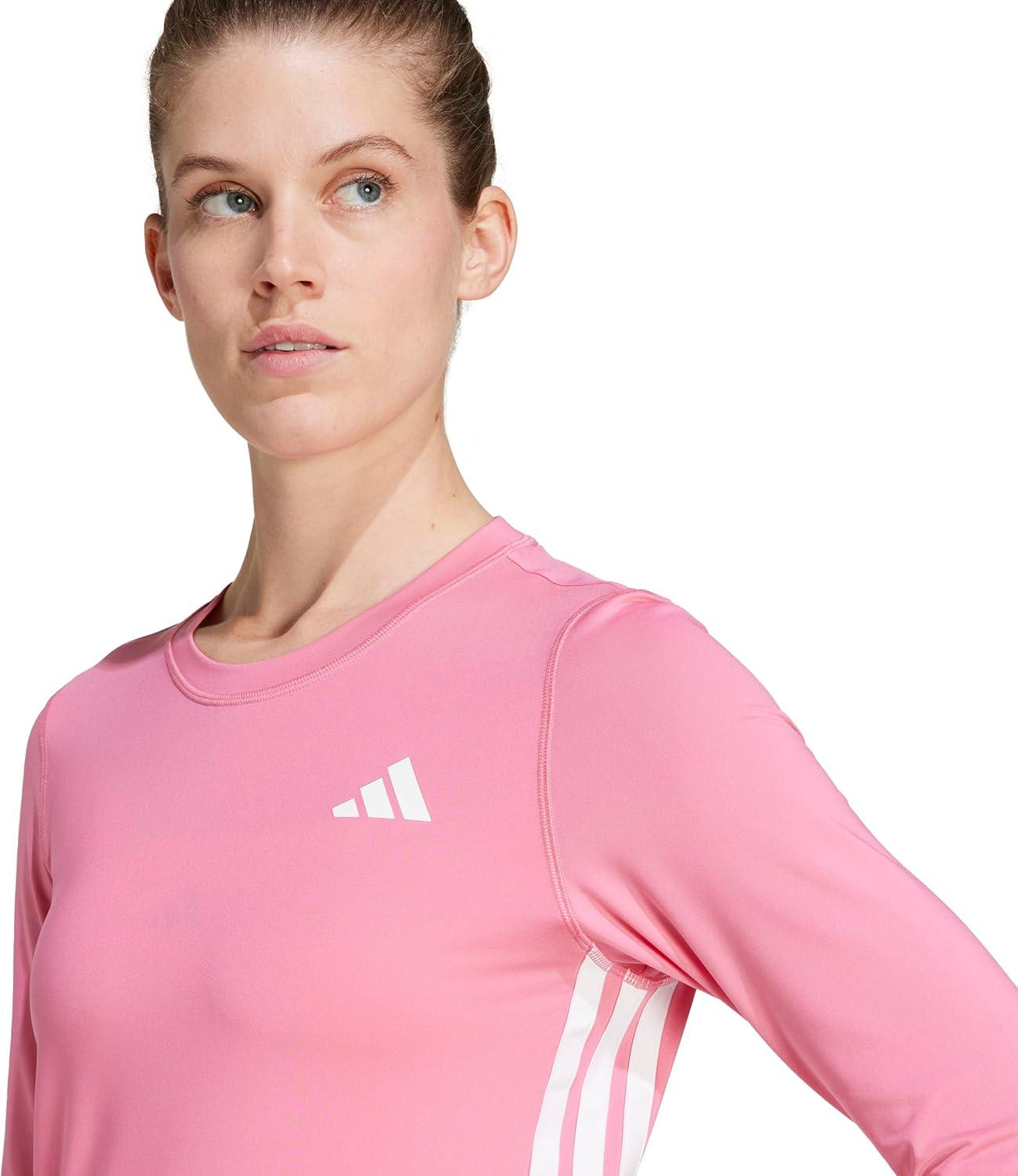 imageadidas Womens Train Essentials 3Stripes Long Sleeve TShirtPink FusionWhite