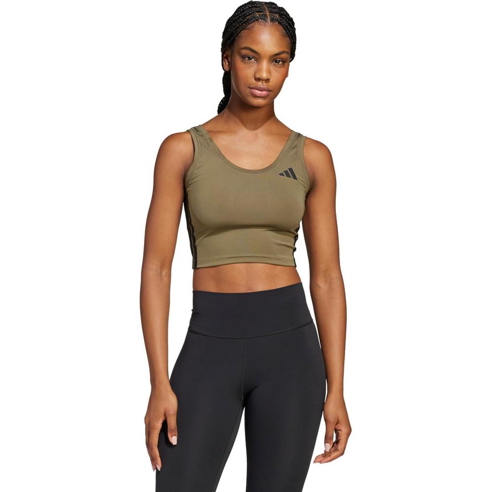 imageadidas Womens Train Essentials 3Stripes Cropped Tank TopOlive StrataBlack
