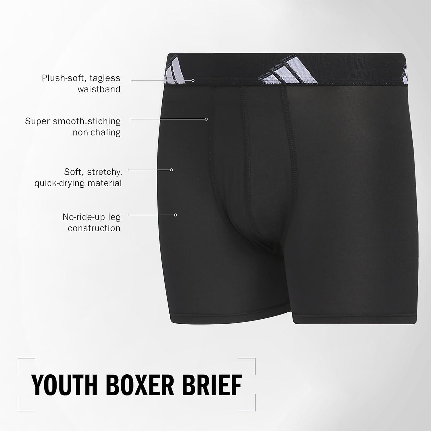 imageadidas Boys Performance Boxer Briefs Underwear for Kids 4PackBlackBlue SparkGreyMicrofiberGraphic