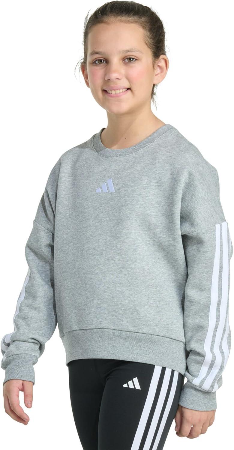 imageadidas Girls Fleece 3Stripe Crewneck SweatshirtMedium Grey Heather
