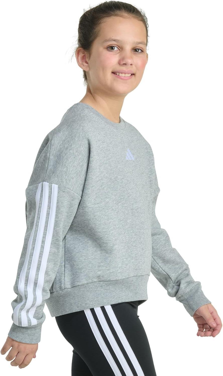 imageadidas Girls Fleece 3Stripe Crewneck SweatshirtMedium Grey Heather