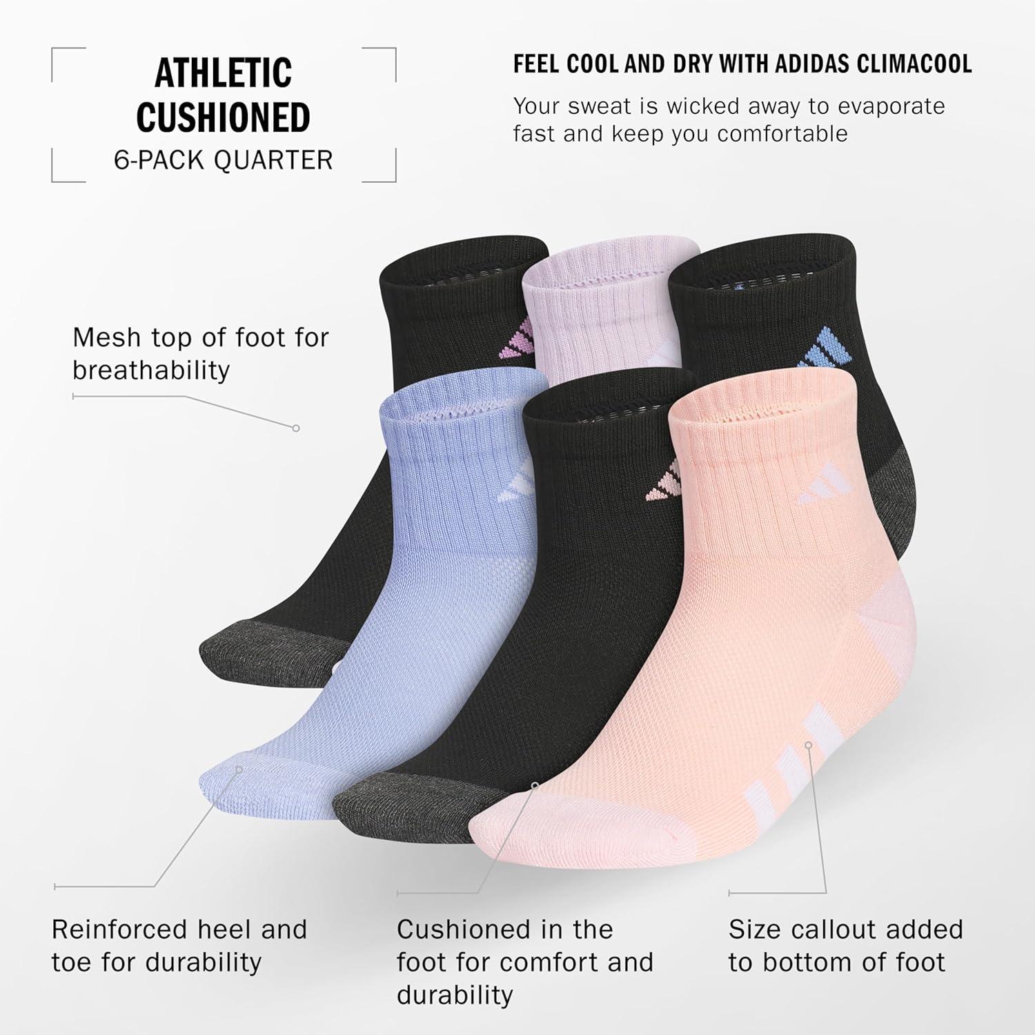 imageadidas Unisex Kids Quarter Ankle Socks for Boys and Girls Youth 6Pack Athletic Cushioned and ComfortableBlackPreloved PurpleIce LavenderGirls