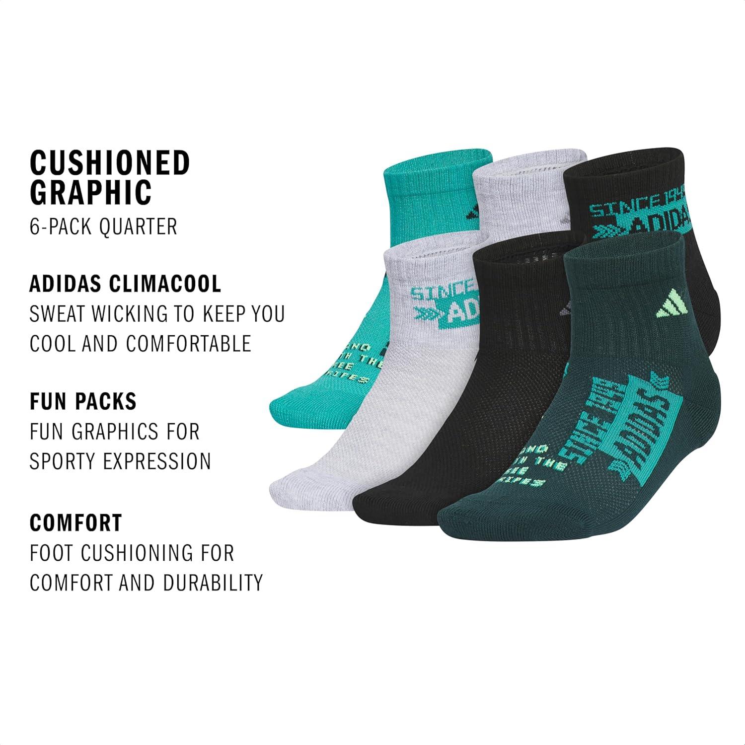 imageadidas Unisex Kids Quarter Ankle Socks for Boys and Girls Youth 6Pack Athletic Cushioned and ComfortablePure Teal GreenCool Light HeatherBlackGraphic