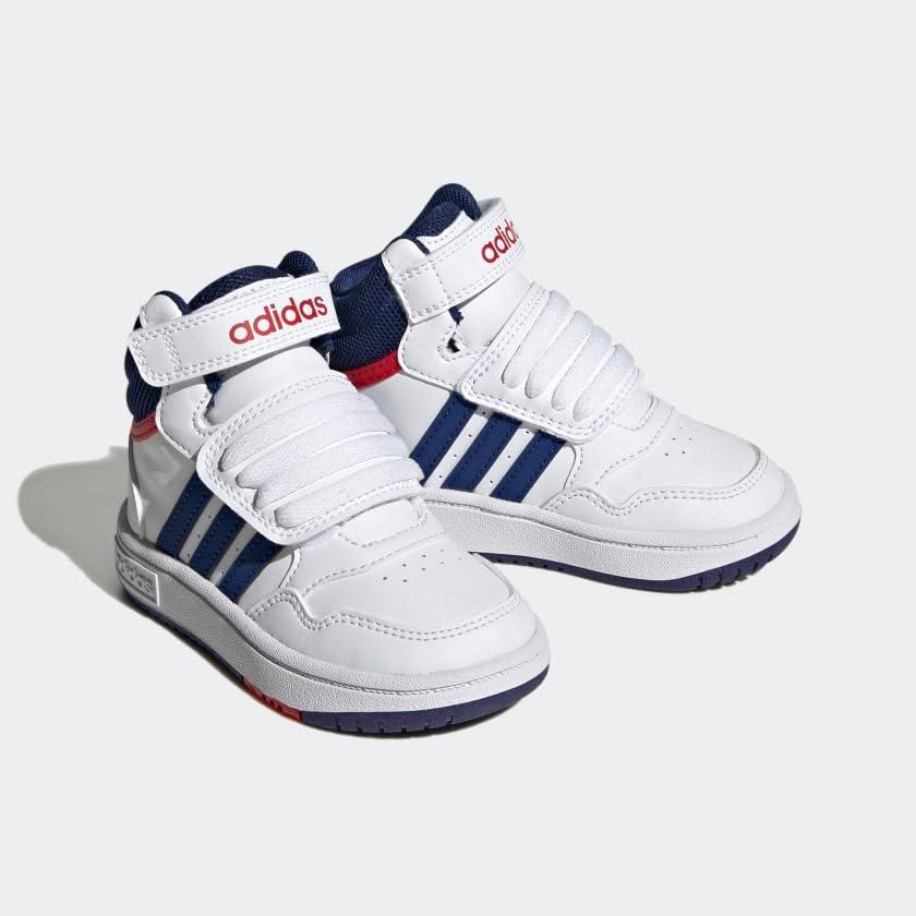 imageadidas UnisexChild Hoops Mid Basketball ShoeWhiteVictory BlueBetter Scarlet