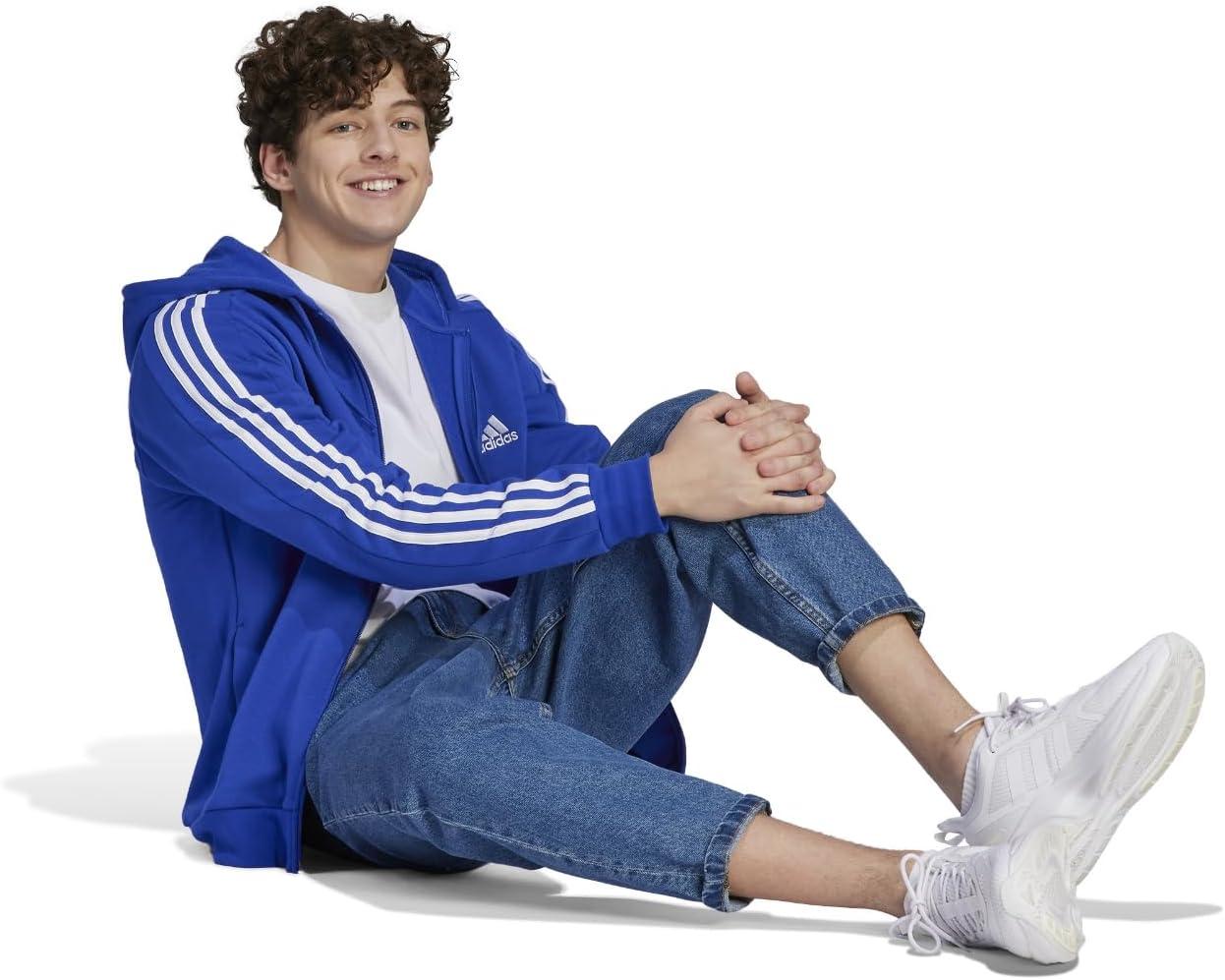 imageadidas Mens Essentials Fleece 3Stripes Hoodie Athletic Outerwear Casual  RedSemi Lucid Blue