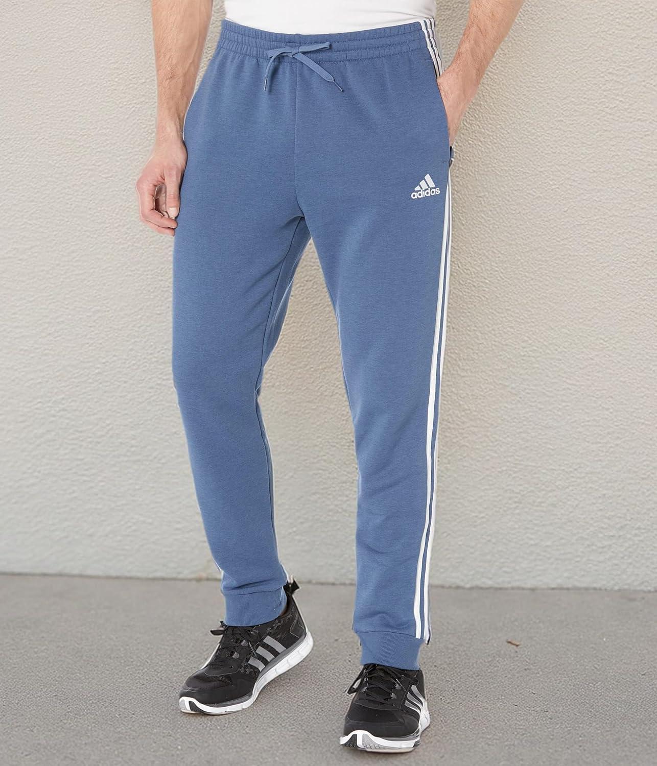 imageadidas Mens Essentials Fleece Tapered Cuff 3Stripes PantsWonder SteelWhite