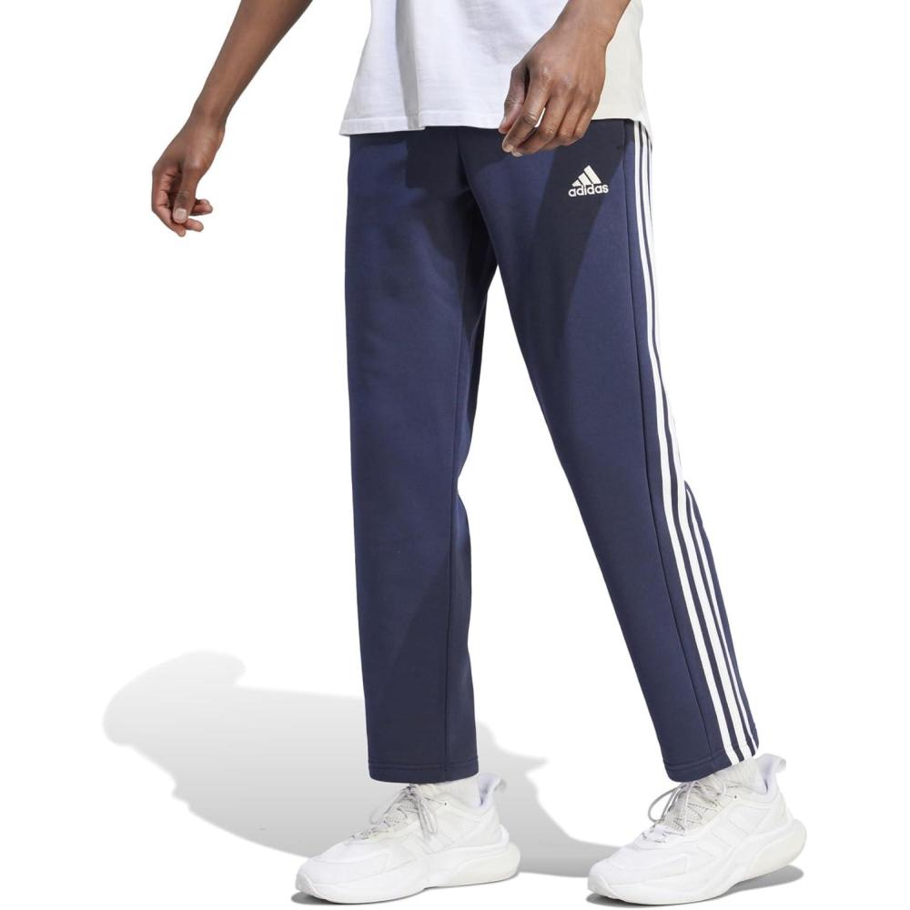 imageadidas Mens Essentials 3Stripes Fleece Open Hem PantsInk