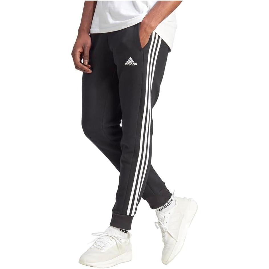 imageadidas Mens Essentials Fleece Tapered Cuff 3Stripes PantsBlack  White