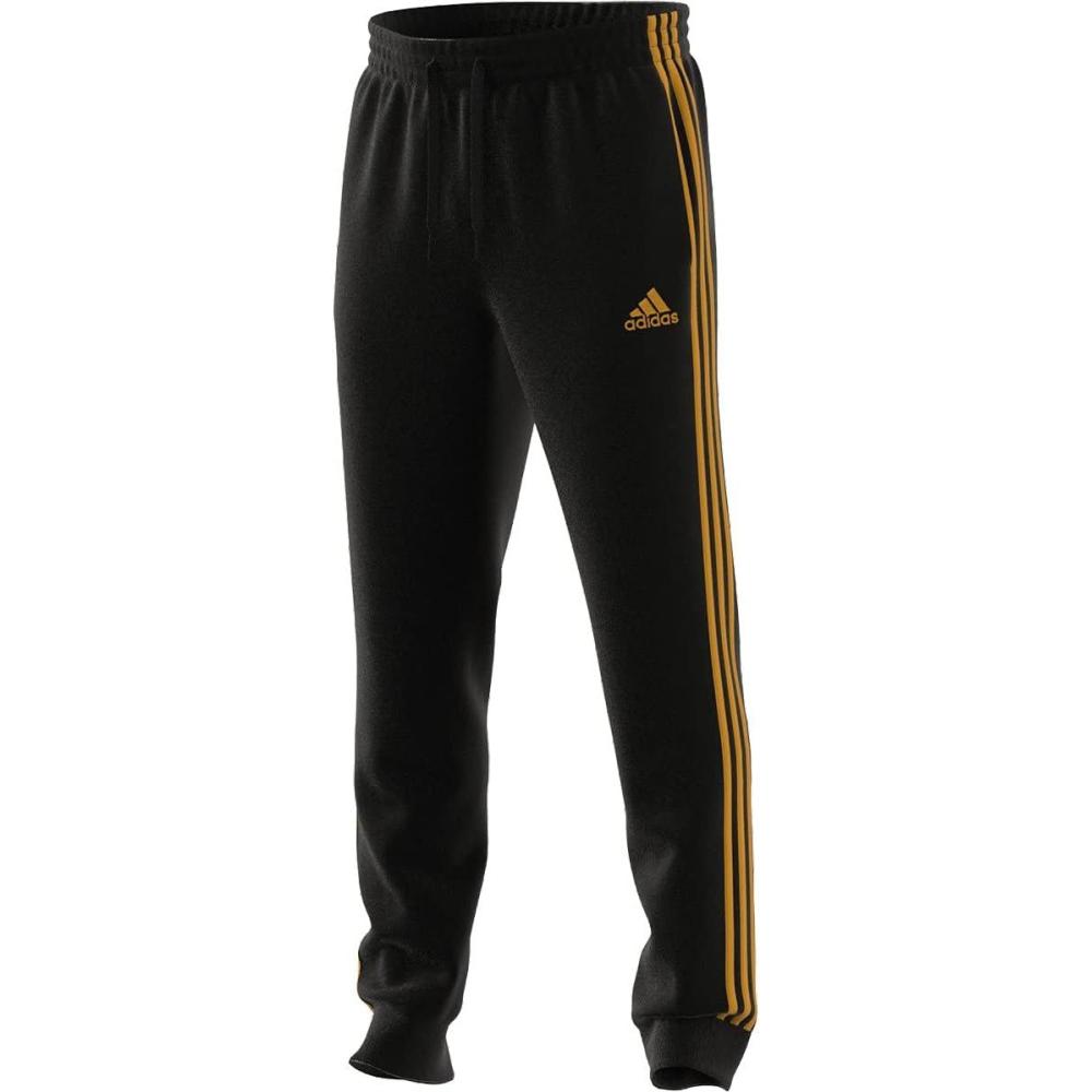 imageadidas Mens Essentials Fleece Tapered Cuff 3Stripes PantsBlackSemi Solar Gold