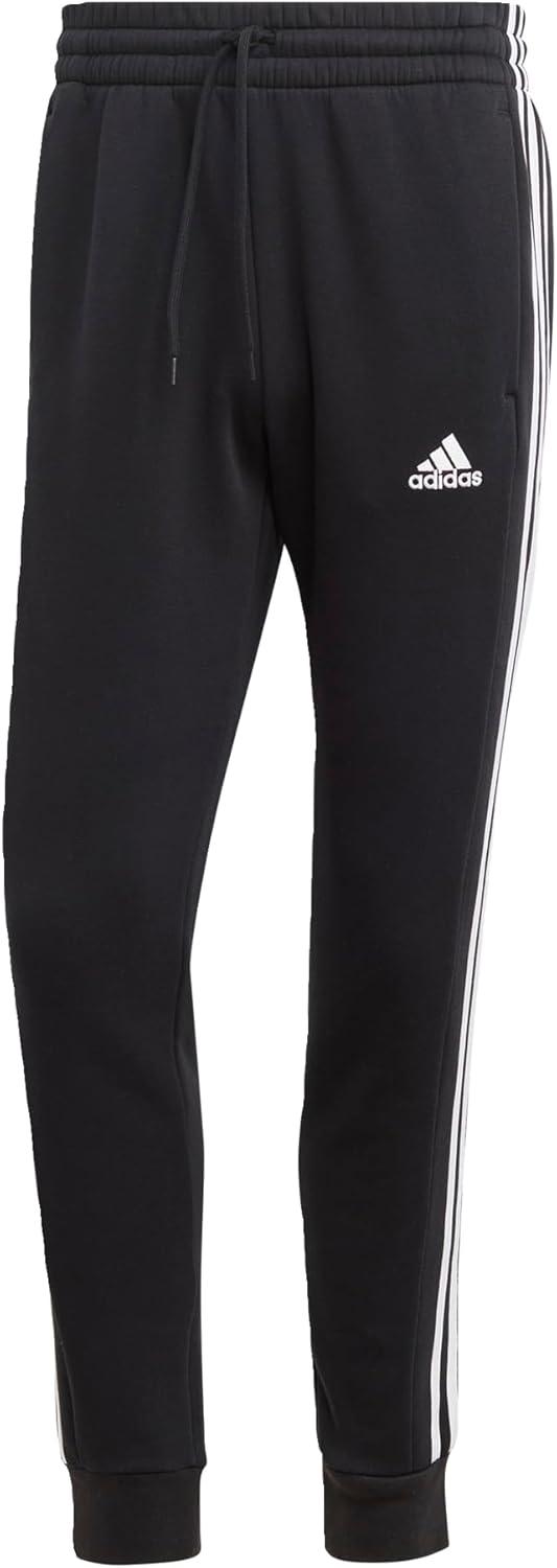 imageadidas Mens Essentials 3Stripes Fleece Tapered Cuff PantsBlack  White