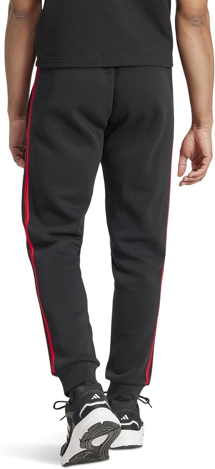 imageadidas Mens Essentials 3Stripes Fleece Tapered Cuff PantsBlackBetter Scarlet