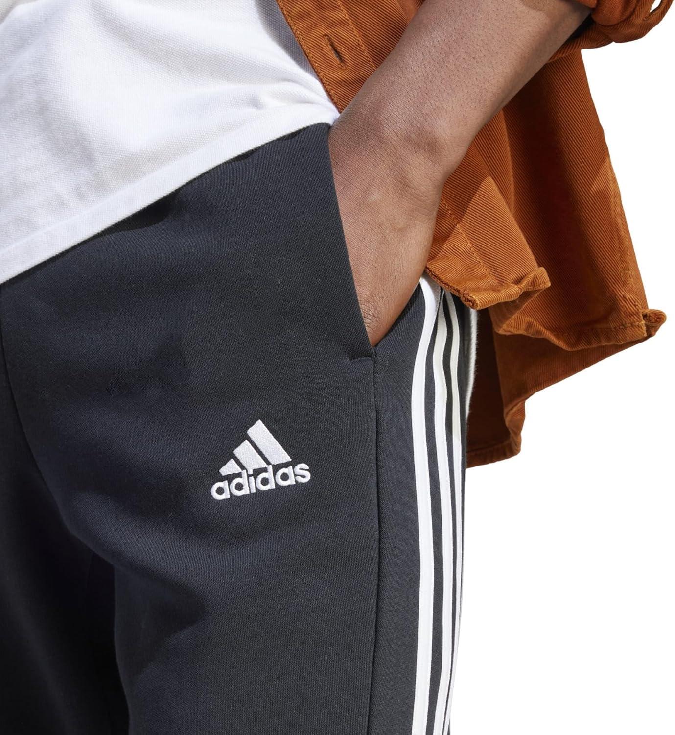 imageadidas Mens Essentials 3Stripes Fleece Tapered Cuff PantsBlackWhiteBlack