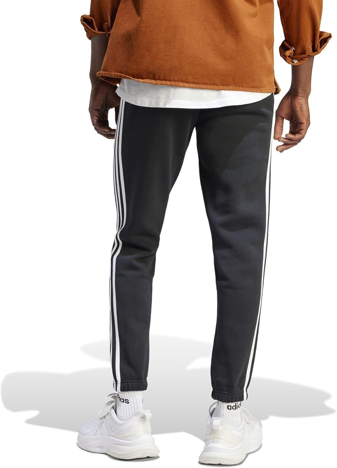imageadidas Mens Essentials 3Stripes Fleece Tapered Cuff PantsBlackWhiteBlack