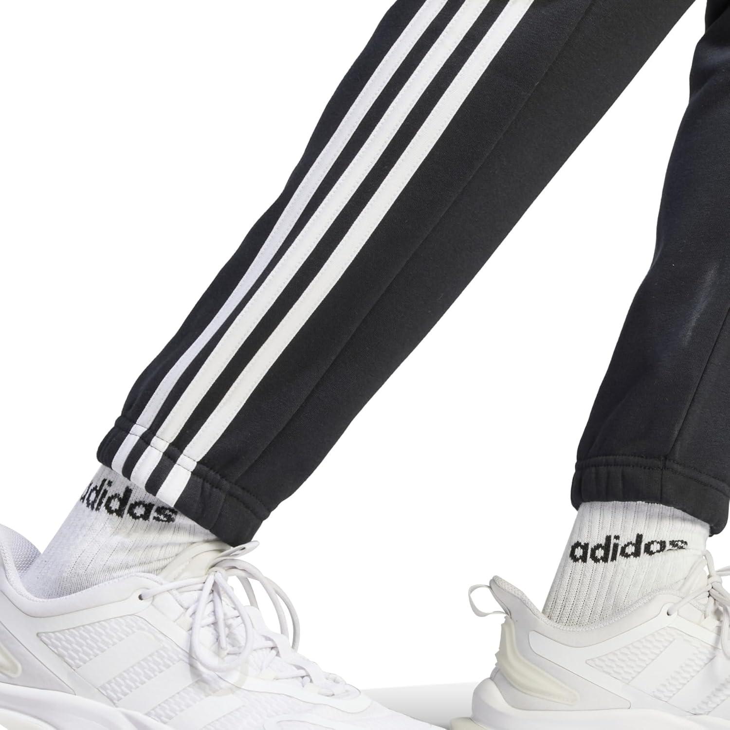imageadidas Mens Essentials 3Stripes Fleece Tapered Cuff PantsBlackWhiteBlack