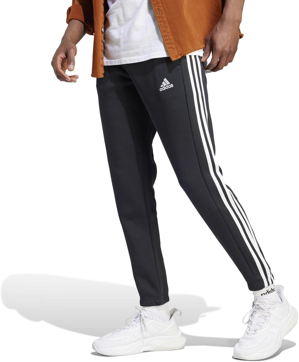 imageadidas Mens Essentials 3Stripes Fleece Tapered Cuff PantsBlackWhiteBlack