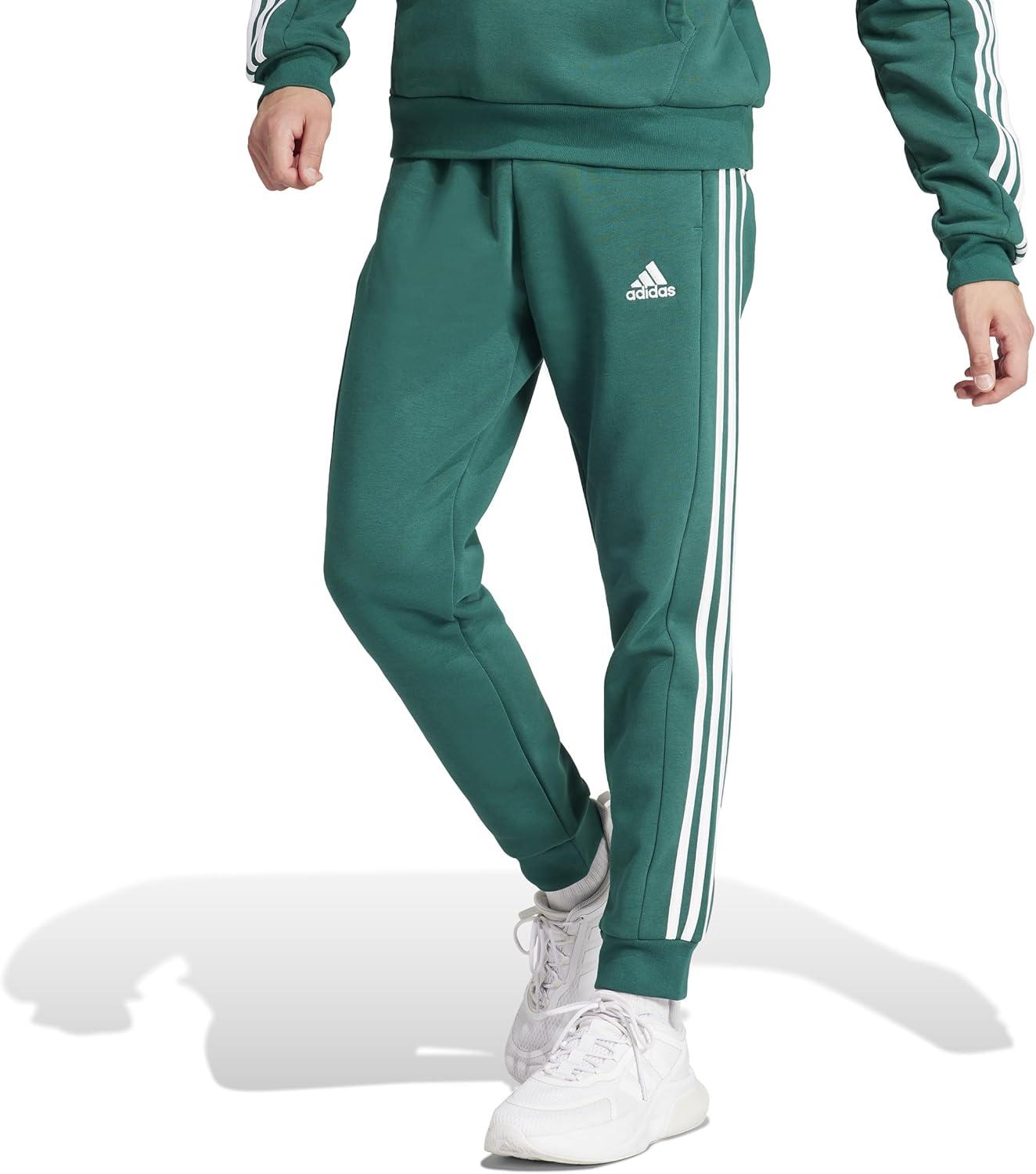 imageadidas Mens Essentials 3Stripes Fleece Tapered Cuff PantsCollegiate Green