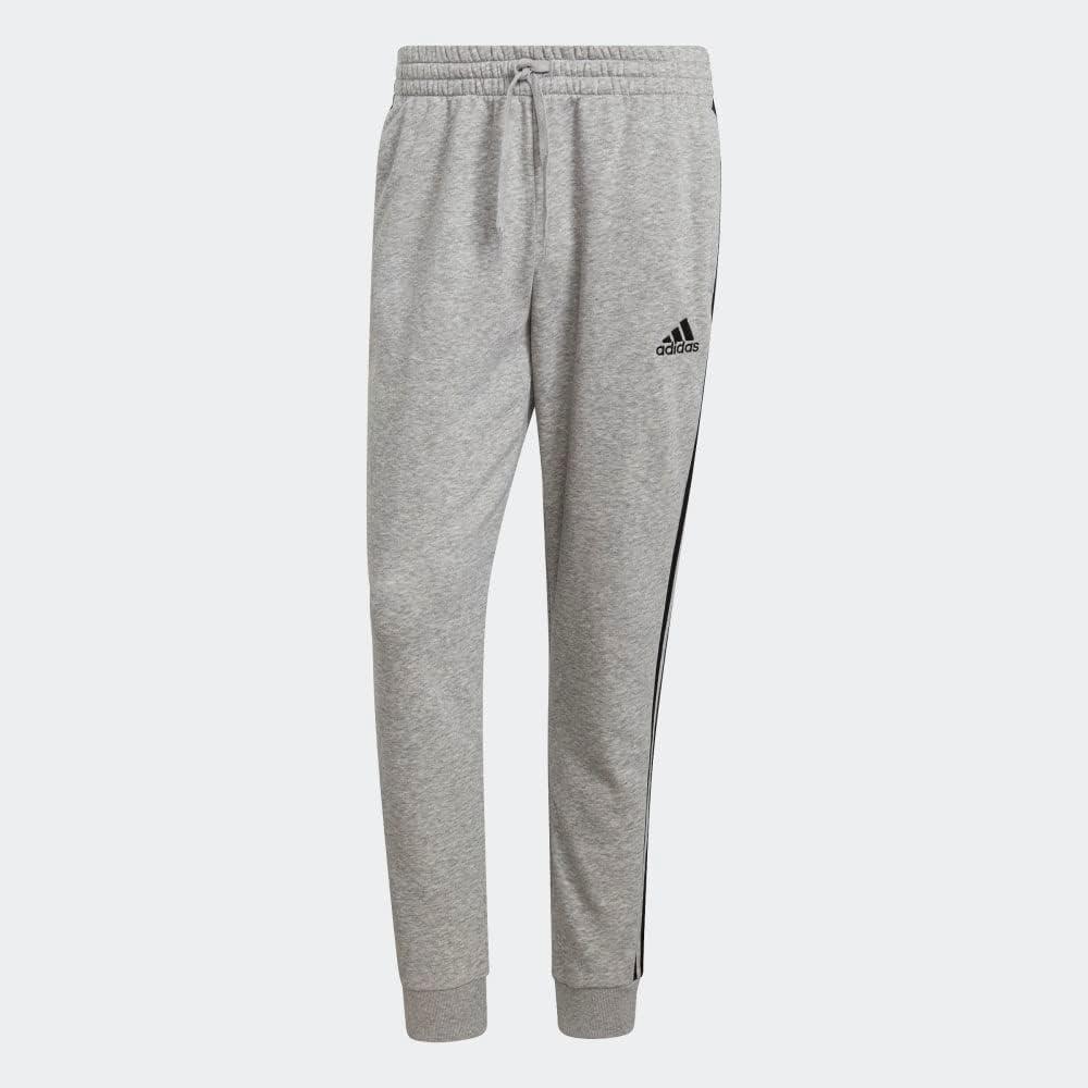 imageadidas Mens Essentials 3Stripes Fleece Tapered Cuff PantsMedium Grey HeatherBlack