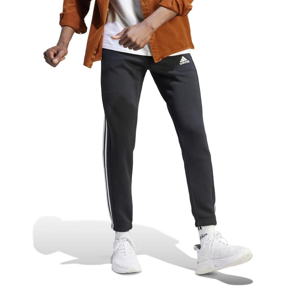 imageadidas Mens Essentials 3Stripes Fleece Tapered Cuff PantsBlackWhiteBlack