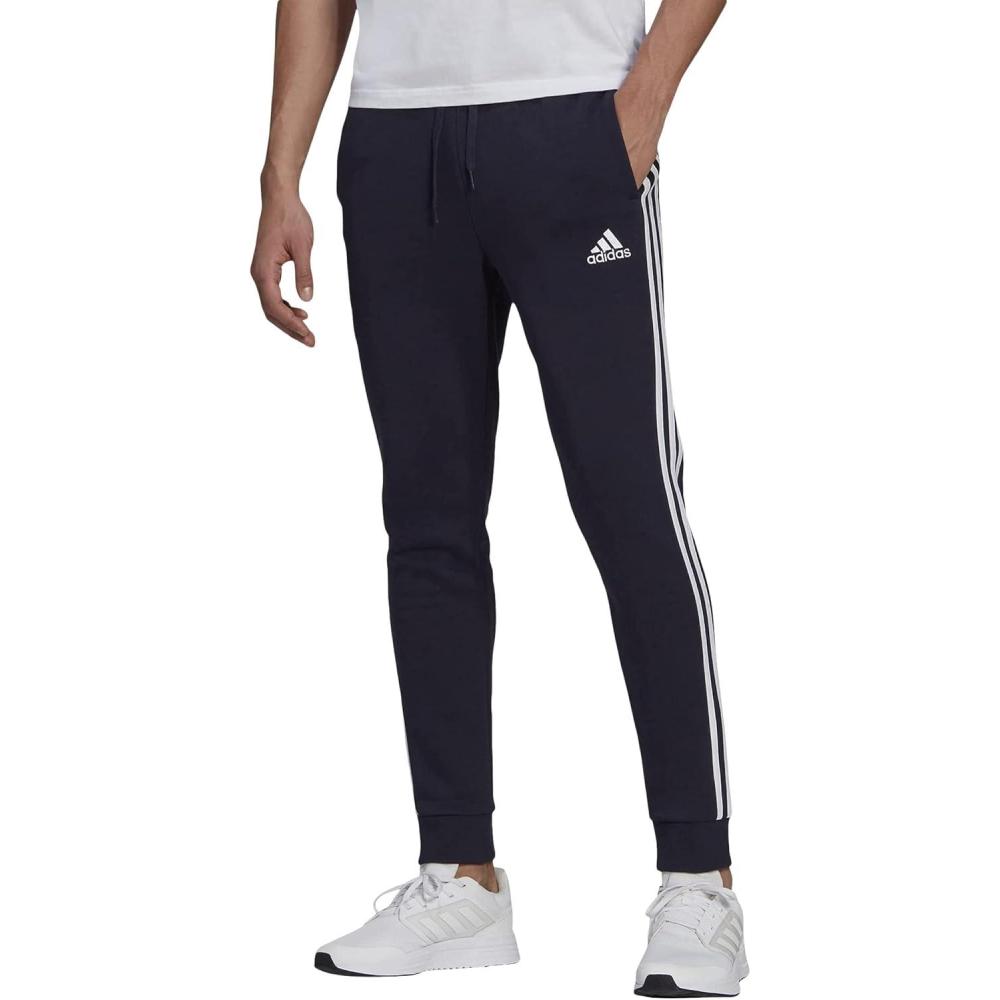 imageadidas Mens Essentials 3Stripes Fleece Tapered Cuff PantsLegend InkWhite