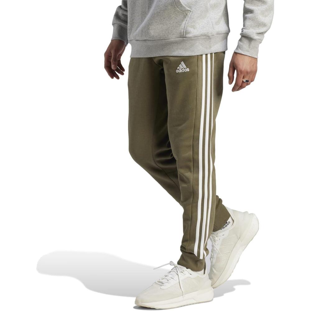 imageadidas Mens Essentials 3Stripes Fleece Tapered Cuff PantsOlive Strata