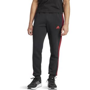 imageadidas Mens Essentials 3Stripes Fleece Tapered Cuff PantsBlackBetter Scarlet