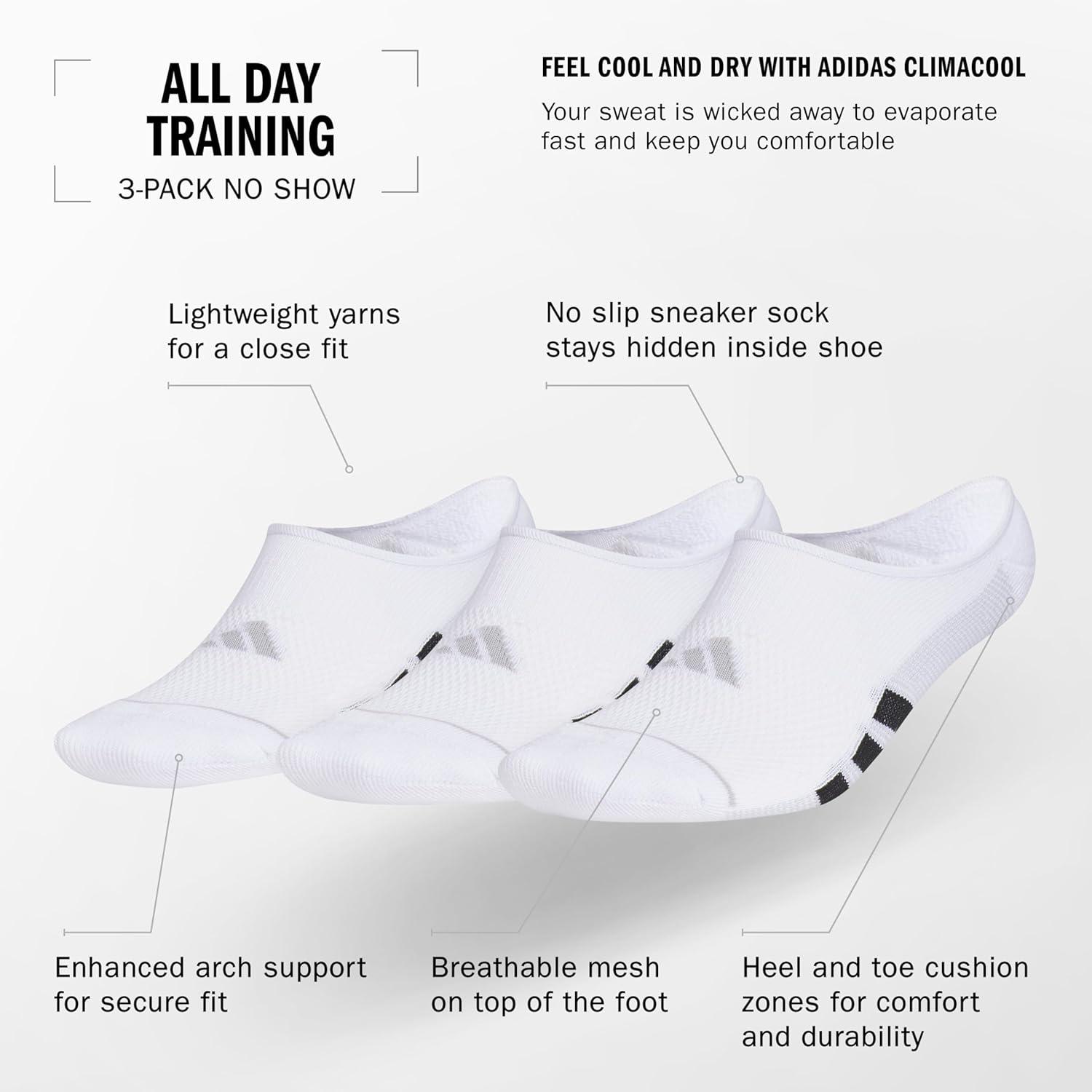 imageadidas Mens All Day Training Super No Show Socks sport performance liner height socks for running 3PairWhiteBlackClear Onix Grey