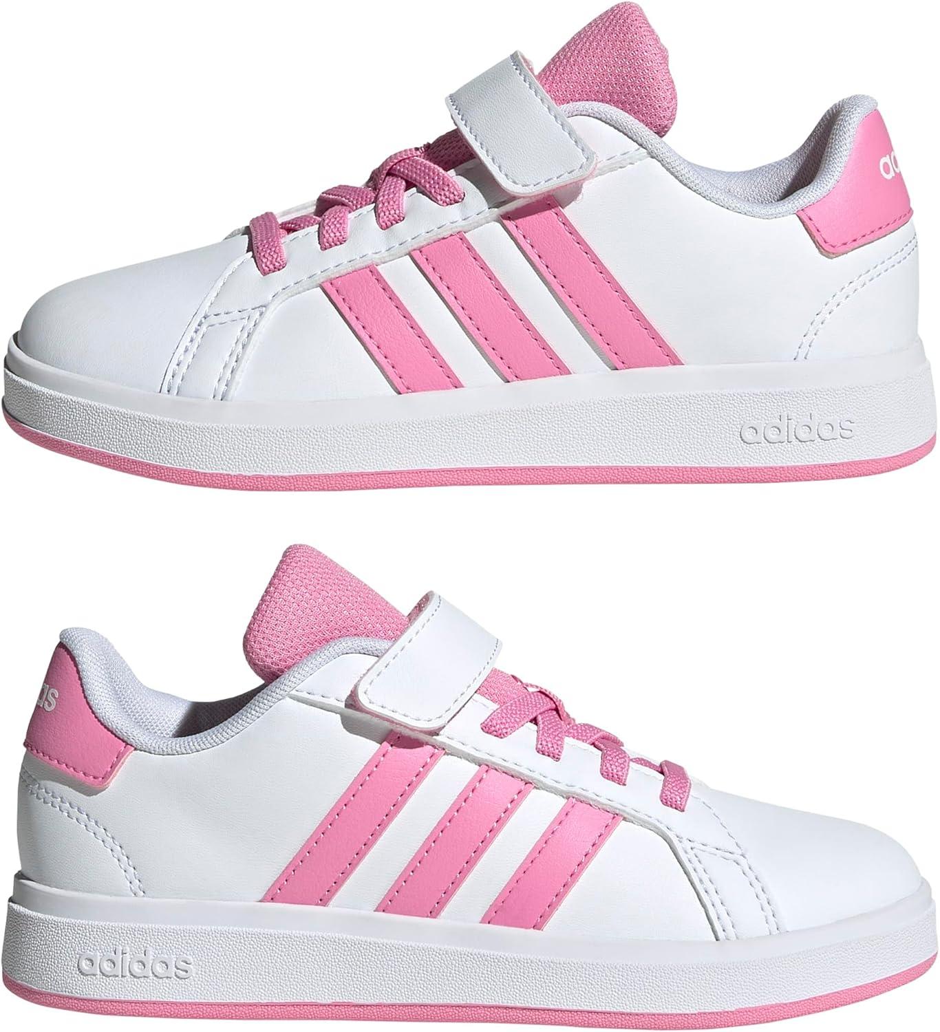 imageadidas Kids Grand Court 20 Elastic Lace ampamp Strap ShoesWhiteBliss PinkBlack