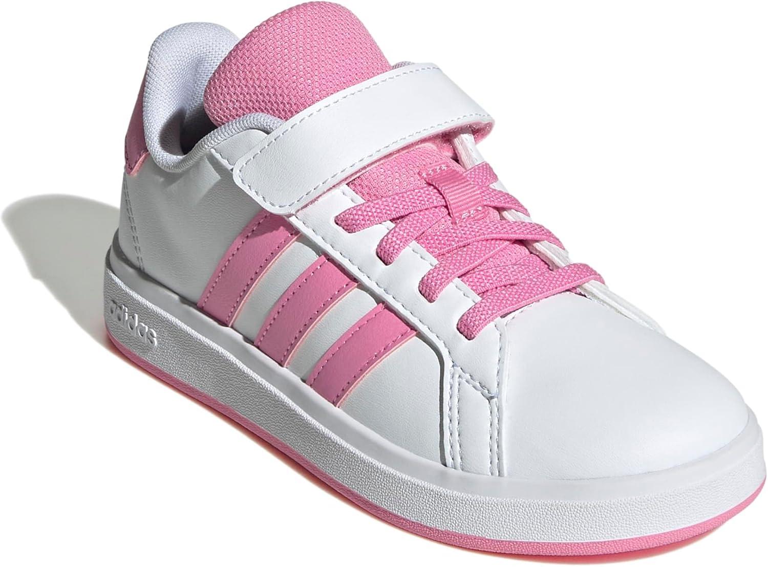 imageadidas Kids Grand Court 20 Elastic Lace ampamp Strap ShoesWhiteBliss PinkBlack