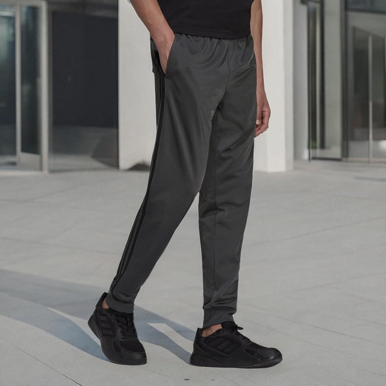 imageadidas Mens Essentials WarmUp Tricot 3Stripes Tapered Track PantsDark Grey HeatherBlack