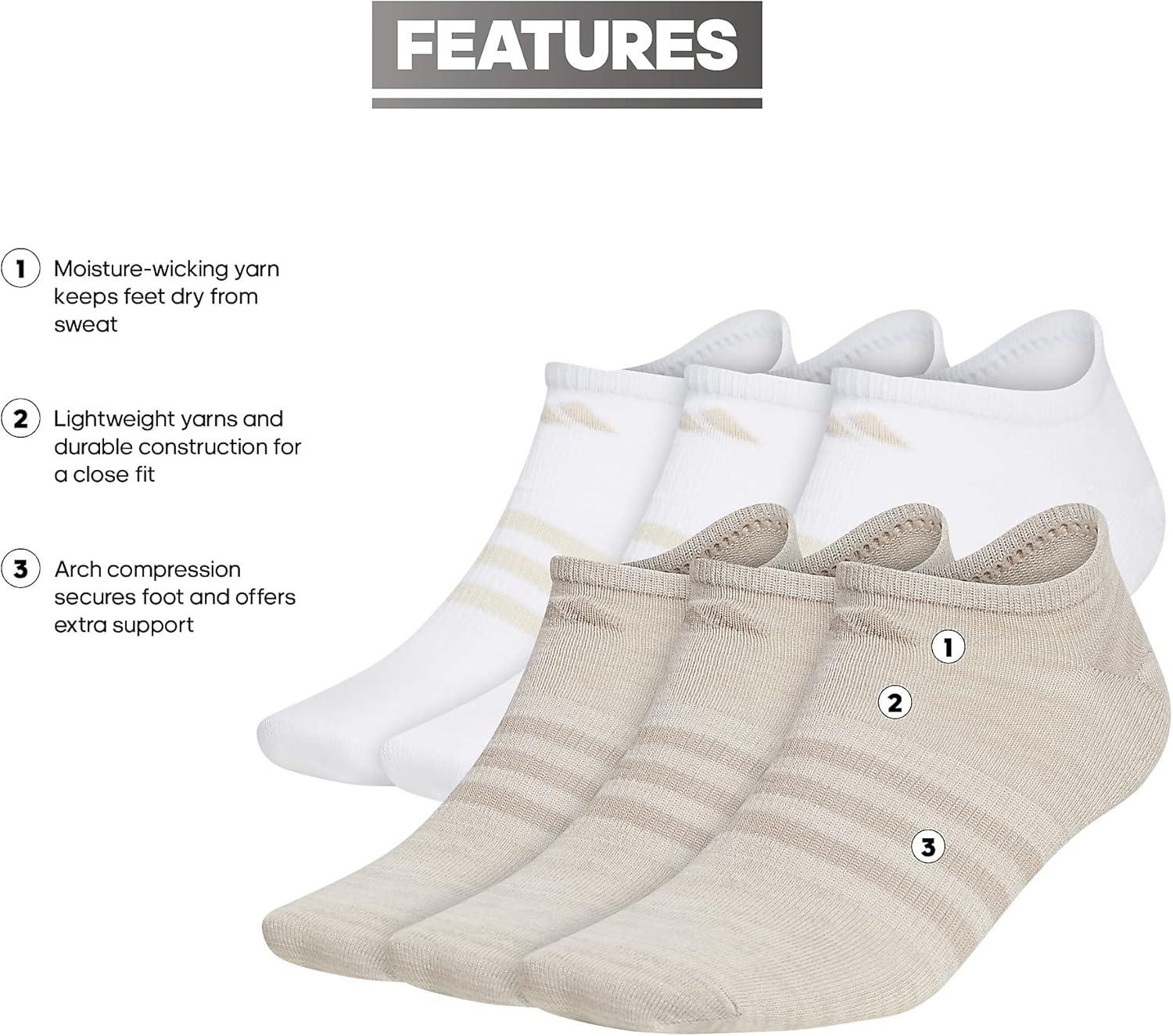 imageadidas Mens Superlite No Show Socks 6Pair Pack Low Profile Below AnkleAlumina BeigeLight BrownWhite
