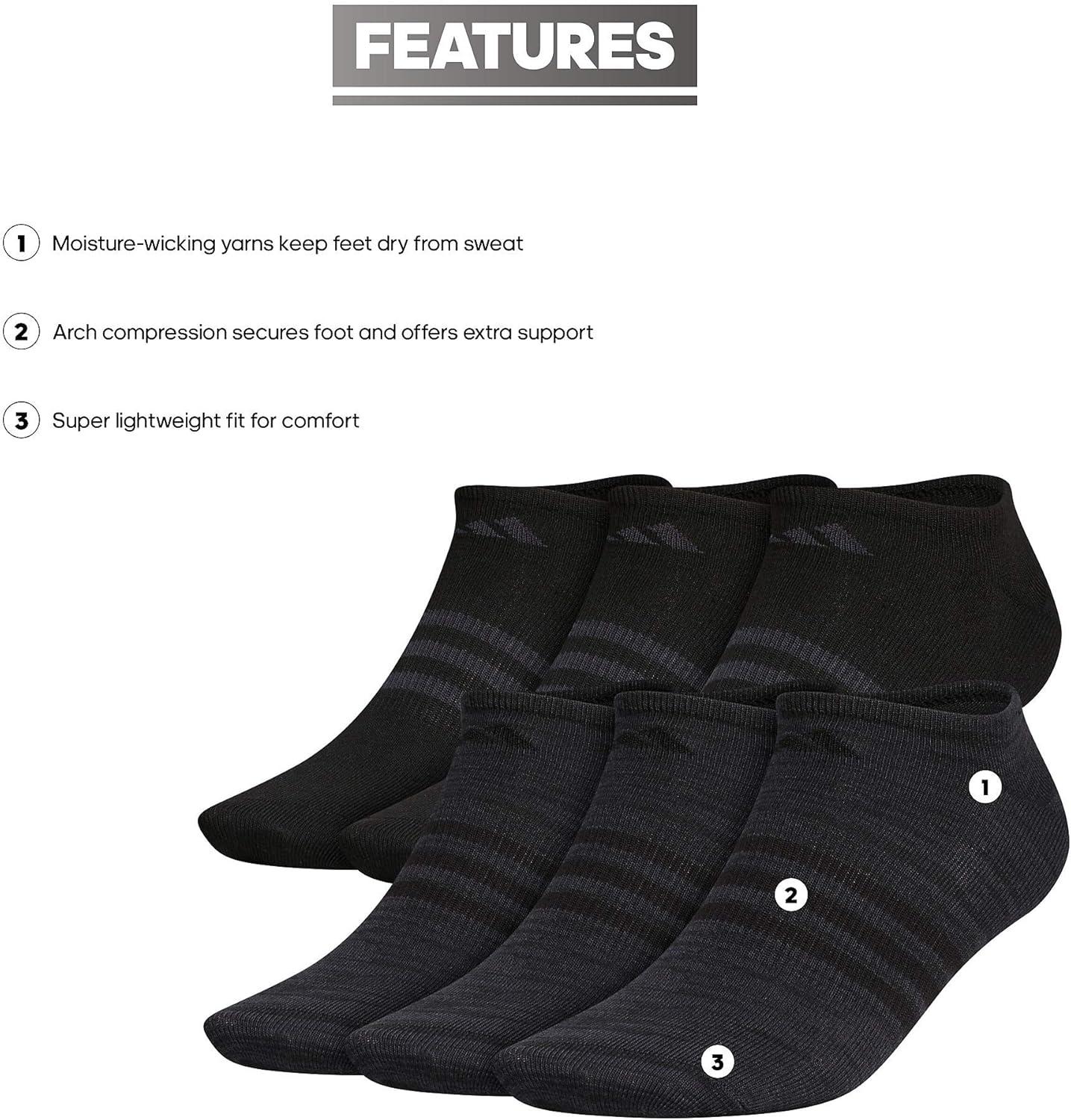 imageadidas Mens Superlite No Show Socks 6Pair Pack Low Profile Below AnkleBlackNight Grey20